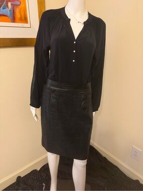 MILLY Metallic Black Tweed Old Money Leather Trim Skirt Size 8